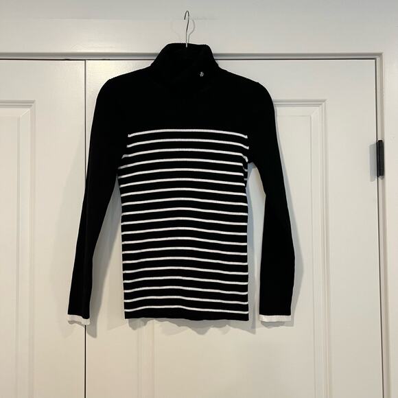 Lauren Ralph Lauren Women's Turtleneck Sweater Black White Stripes Size Large - Picture 1 of 9